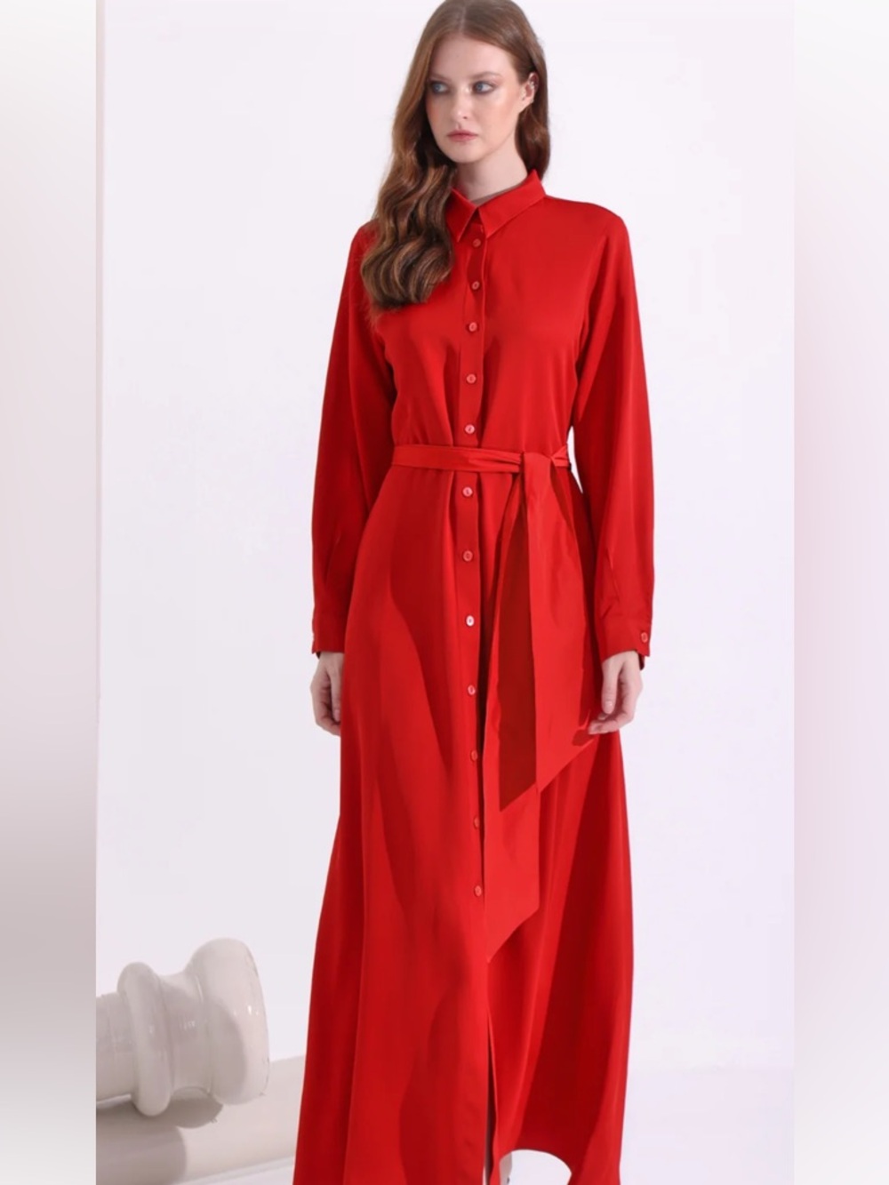 NWT STORE WF Classic Red Button-Front Shirt Dress with Tie Waist